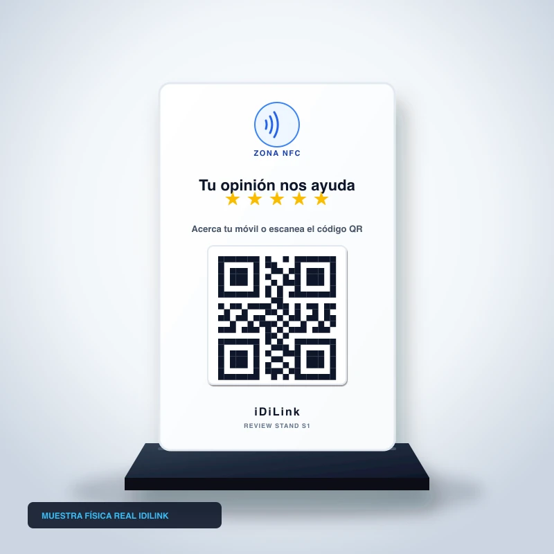 Soporte de sobremesa iDiLink con NFC y código QR para acceder a la página de reseñas